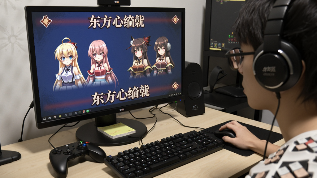 玩家正在电脑前操作东方心绮楼,屏幕显示角色选择界面,旁边摆放着手柄和键盘