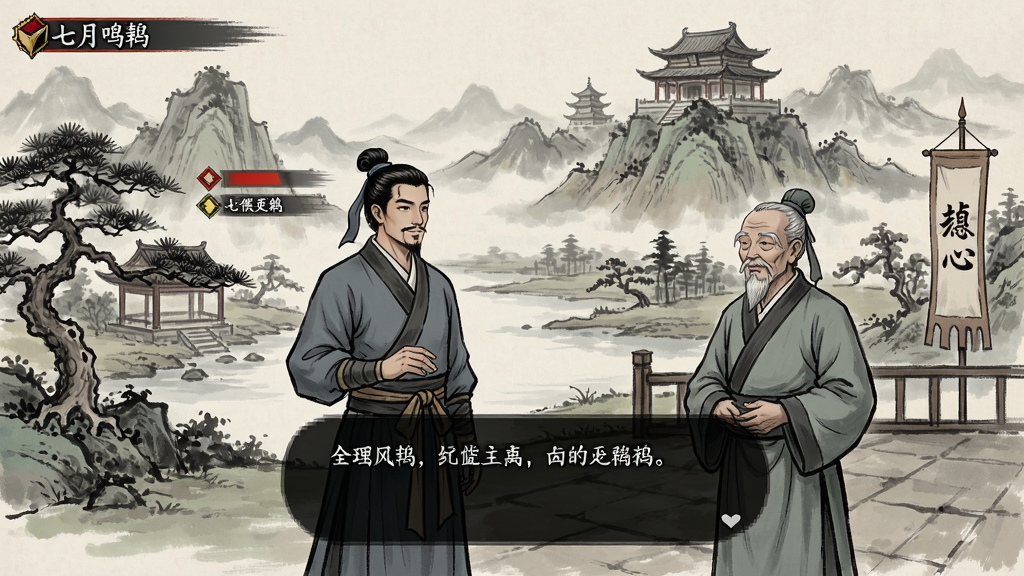 七月鸣鹑游戏场景截图,古代山水画风格,主角与NPC对话