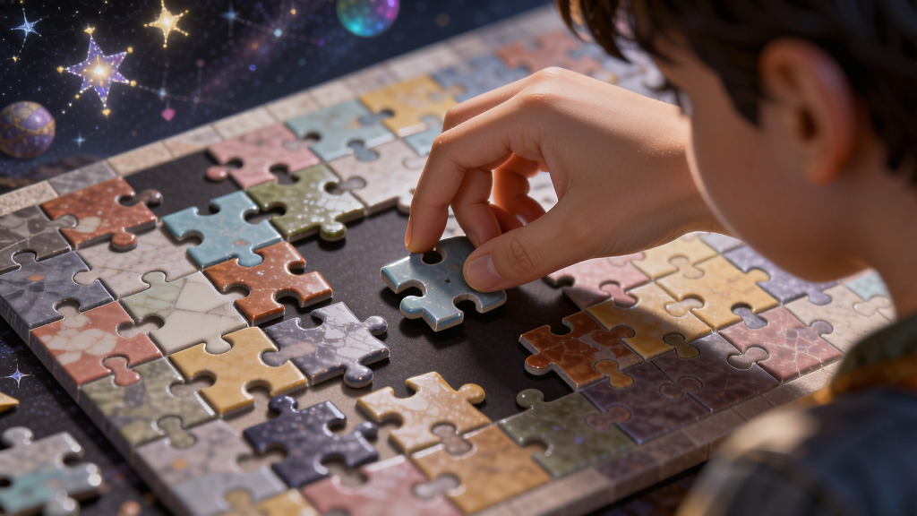 该场景和上下文相关的 AI 生图中文提示词:幻想马赛克风格,一个玩家正专注地拖动彩色拼图碎片到网格中,背景是神秘的星空场景,画面柔和温馨