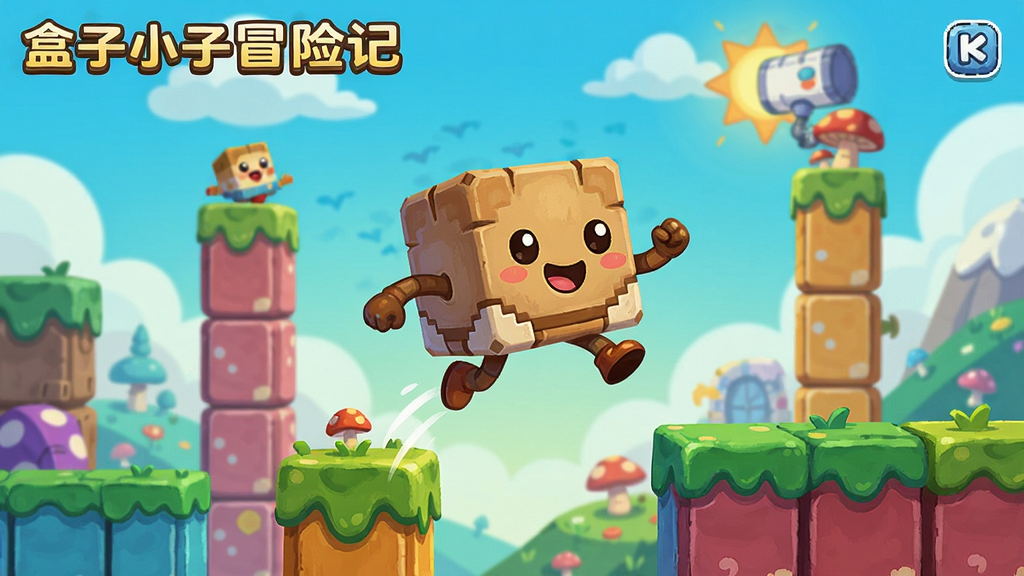 盒子小子冒险记游戏场景,一个可爱的小盒子角色在五彩斑斓的关卡中跳跃冒险