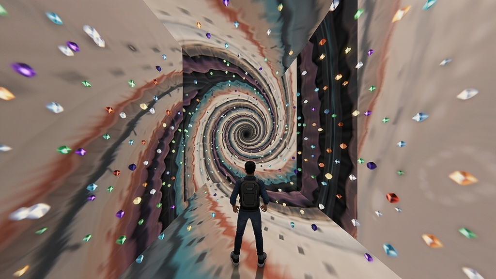 扭曲空间游戏场景,玩家站在旋转的异次元走廊中,周围是扭曲的墙壁和漂浮的光点