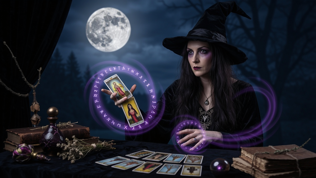 魔女在月光下使用塔罗牌占卜,周围环绕着紫色魔法光晕