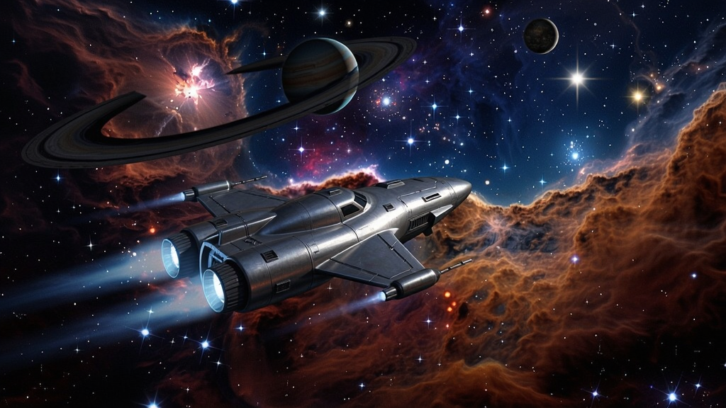 一艘银色飞船在璀璨星云中飞行,远处有行星和恒星,充满科幻感