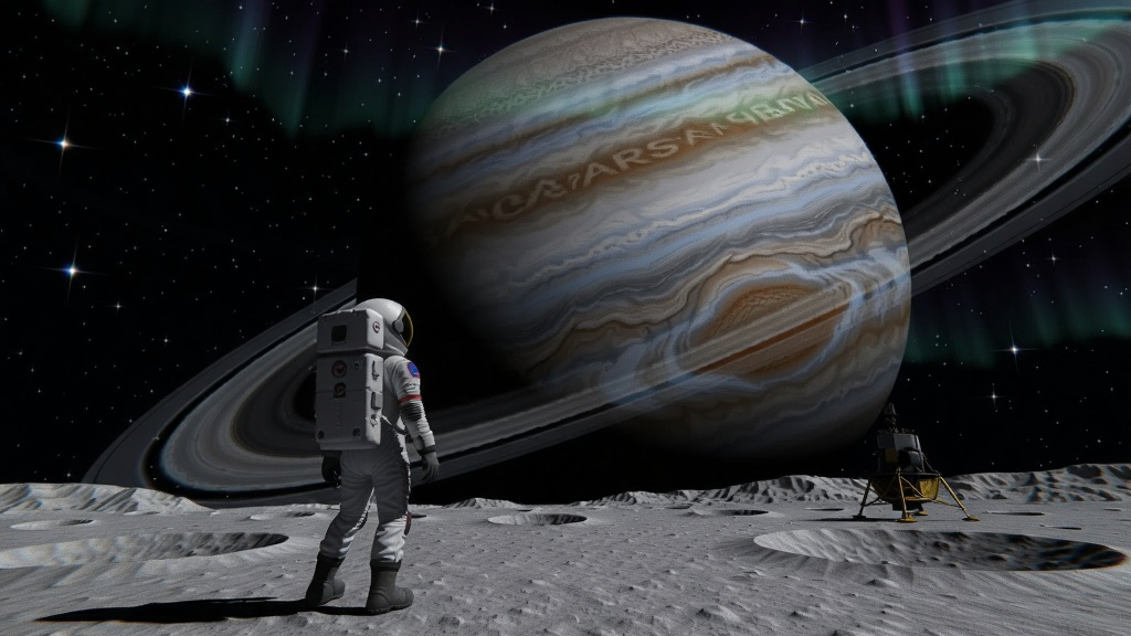 星际拓荒中宇航员站在灰白色月球表面,仰望巨大的气体行星,天空中有星星和极光
