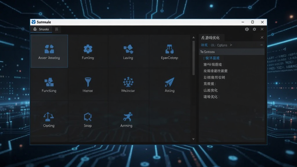 浩瑞士软件界面截图,显示功能布局和游戏优化选项,科技感背景,简洁清晰