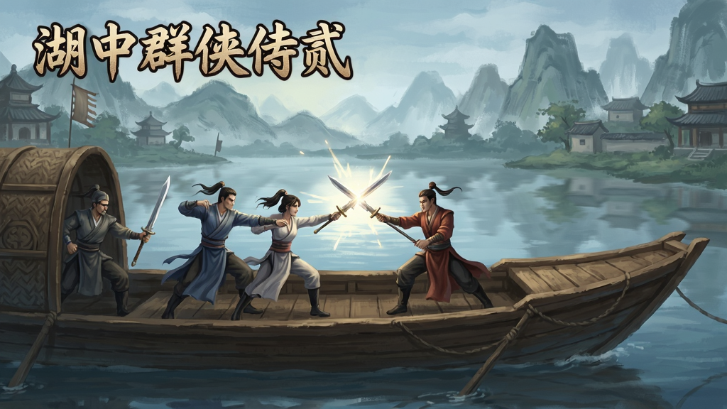 湖中群侠传贰游戏场景,武侠角色在湖中船上战斗