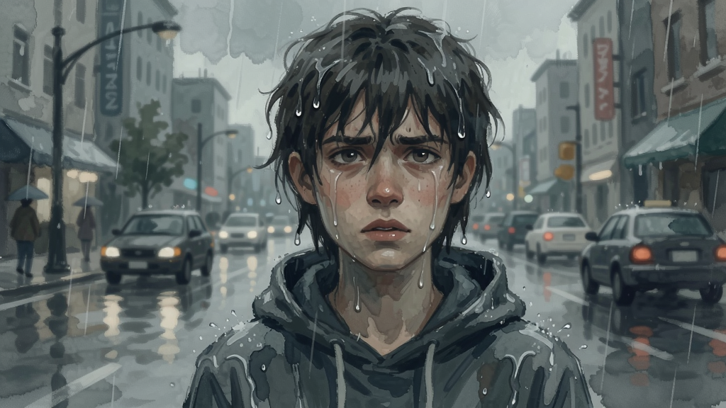 一个站在雨中的年轻人,背景是模糊的城市街道,舸上流露出迷茫和坚定的表情,绘画风格水彩暗淡色调