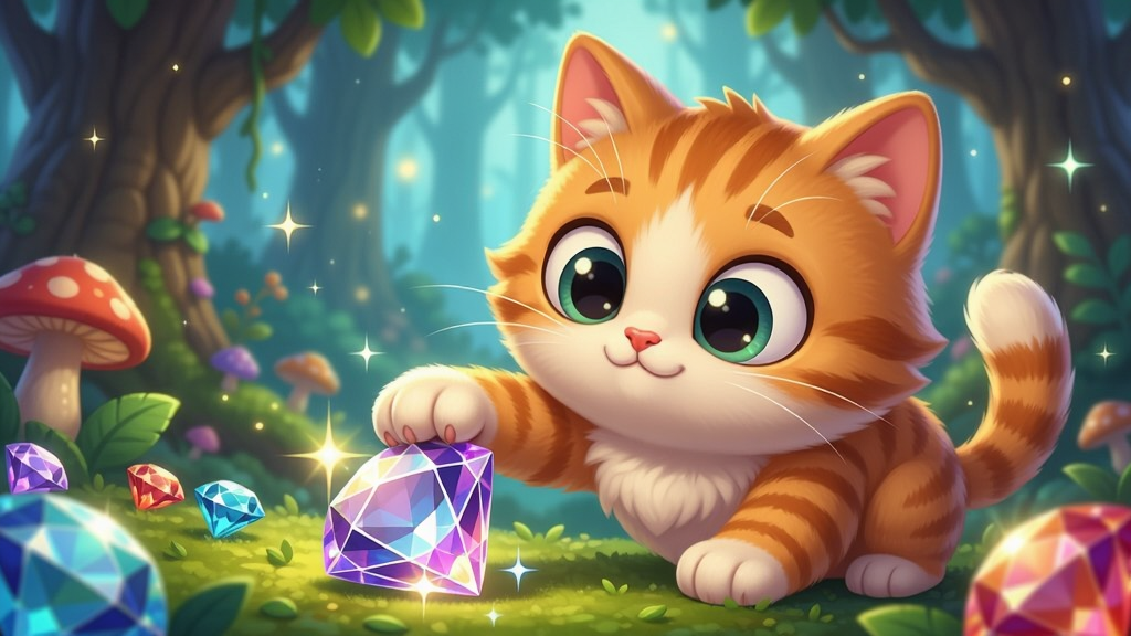 一只可爱的橘猫正在用爪子推动亮闪闪的宝石,背景是梦幻森林,卡通风格