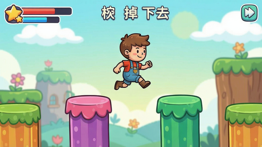 不要掉下去游戏界面截图,卡通风格小人跳跃在彩色平台上