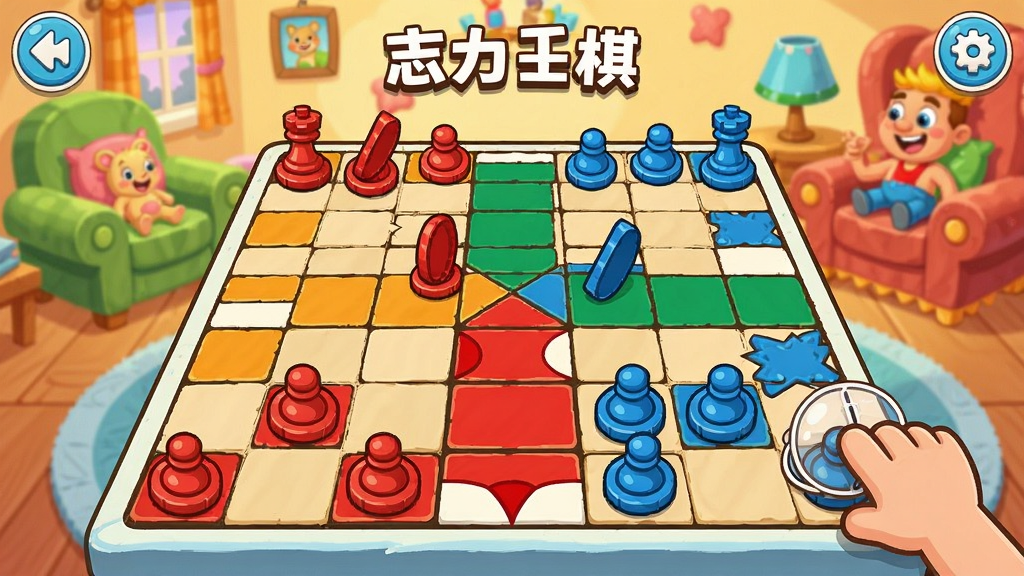 大力士棋游戏界面,卡通棋盘上有红蓝两色棋子,玩家正在用鼠标拖动棋子进行移动,背景是欢乐的休闲房间