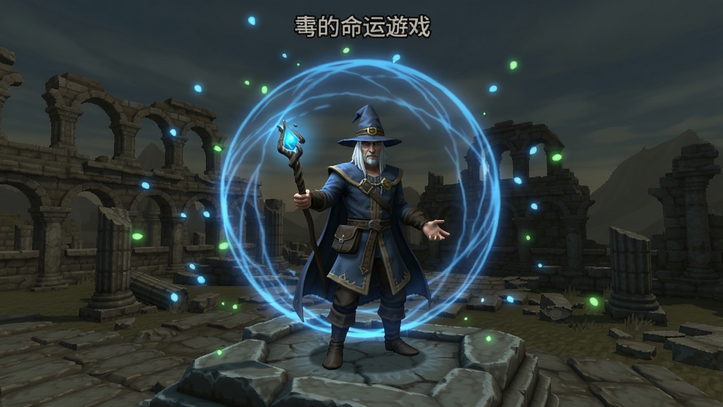 巫师的命运游戏画面展示,蓝色法术光环下的巫师角色站在古城废墟上,周围飘浮着光粒