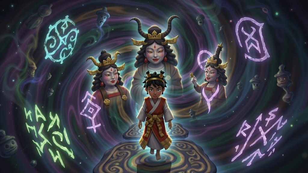 贵子母神的梦游戏场景,主角在迷幻梦境中行走,周围浮现古怪符号和光芒
