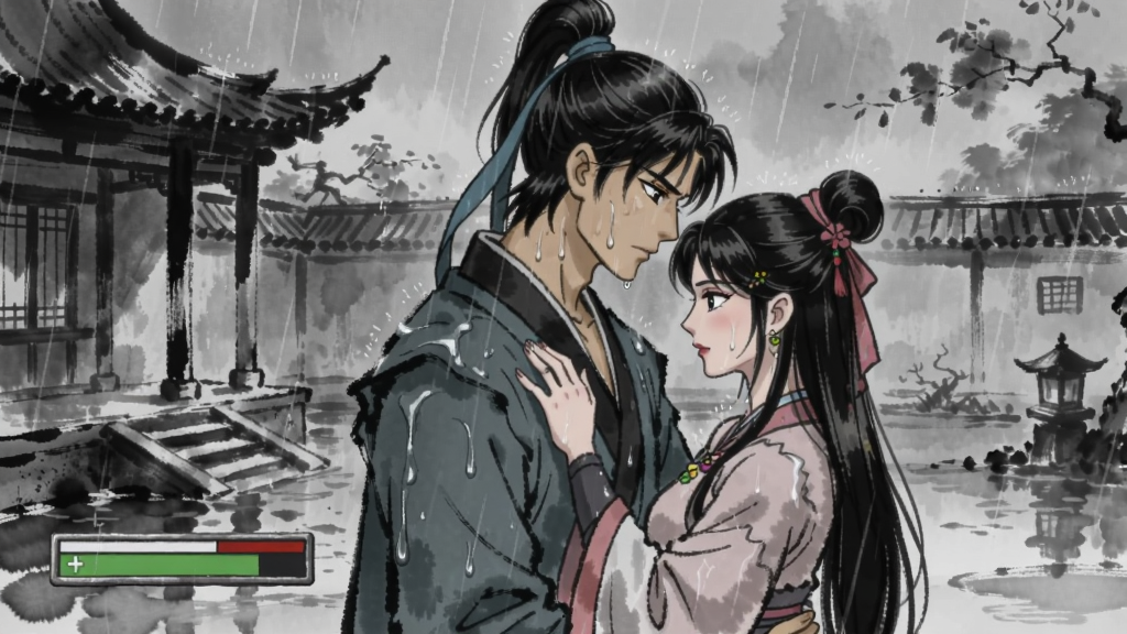 爱与恨的纠葛游戏场景截图,男主角和女主角在雨中相拥,古风庭院背景,水墨渲染风格