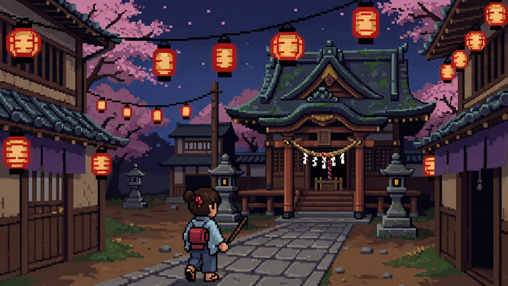 像素风格的日式古城街道景观,灯笼高挂,主角正在探索一个神秘神社