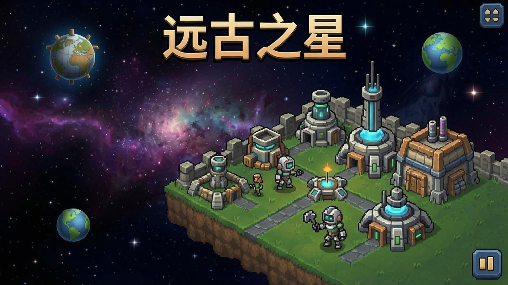 远古之星游戏主界面截图,展示星空背景和基地建设场景
