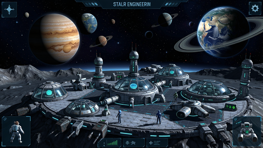 星际工程游戏中的太空基地建设场景,多颗星球与星星背景