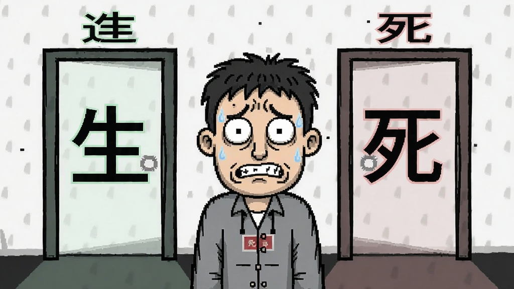 亡命选择题游戏主角面对两个“生”和“死”的巨大门户,满脸犹豫与紧张