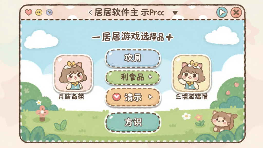 居居软件主界面示意图,清新可爱风格,一个小游戏选择界面