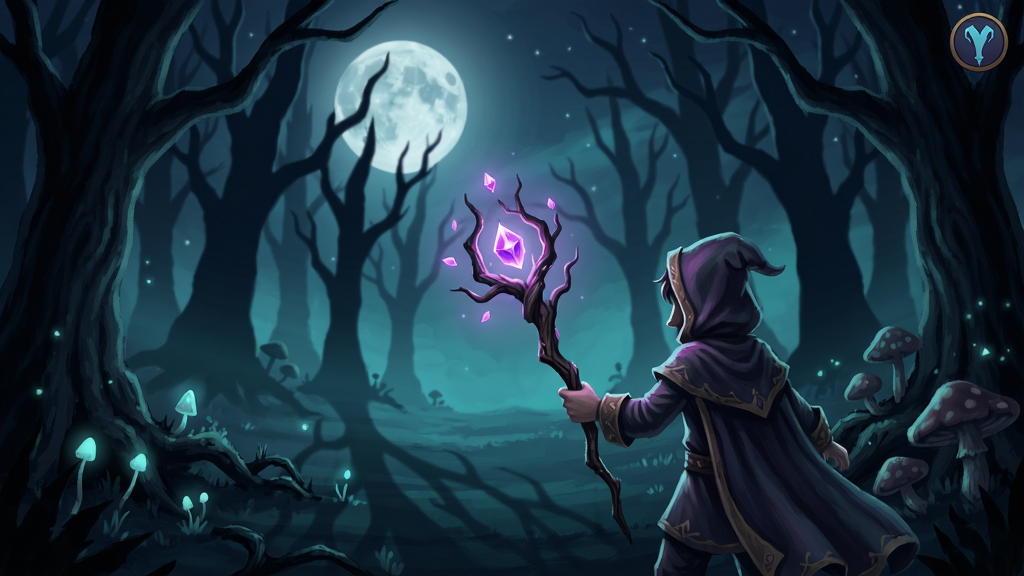 魔法树枝午夜之谜游戏场景,神秘森林月光下的树影,角色手持魔法树枝