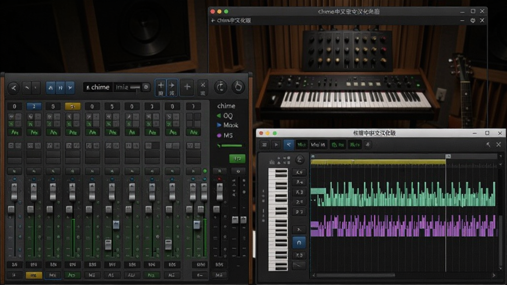 chime中文汉化版软件界面,展示混音台和MIDI编辑器,背景有虚拟乐器窗口