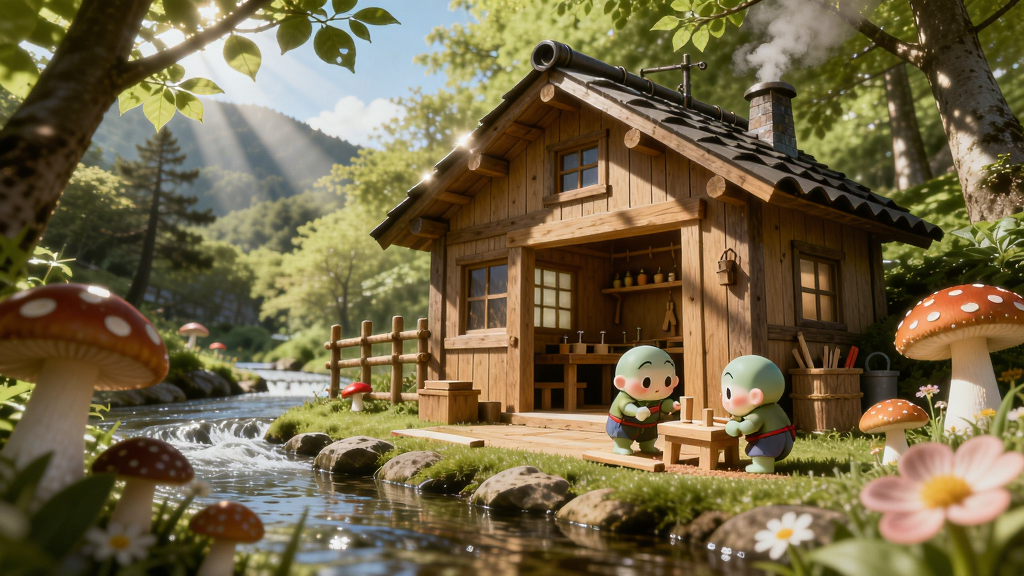 山间河童工房全景,阳光透过树叶洒在木屋上,河童在溪边制作木工,周围长满鲜艳的蘑菇和花朵