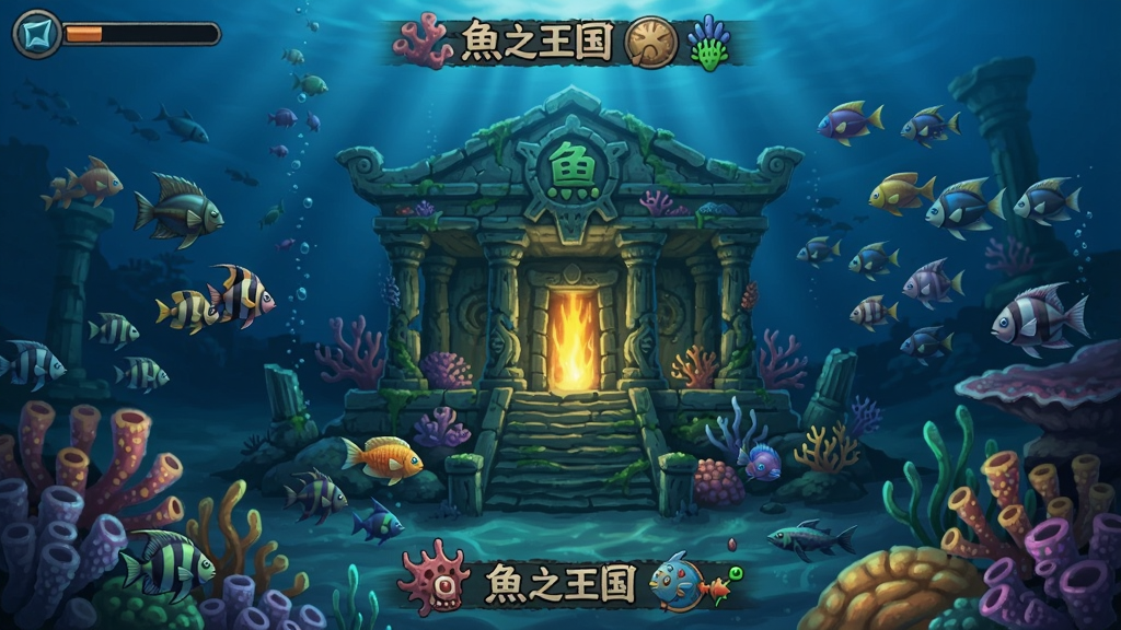 鱼之王国时间深处游戏场景截图,深海王国中一座发光的古老神庙,周围有彩色珊瑚和游动的鱼群