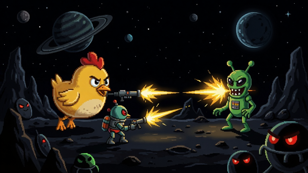 小鸡入侵者在黑暗星球上射击外星人的场景
