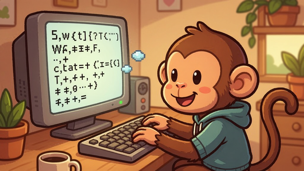 一只可爱的猴子坐在电脑前随机打字,屏幕上冒出各种字符和符号,温暖可爱的游戏场景