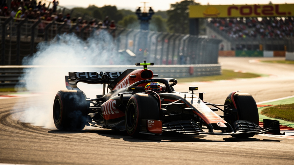 F1赛车在赛道上飞驰的壮观场景,阳光照耀,轮胎冒烟