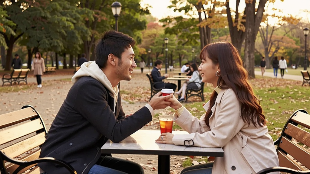 宅男在公园里和女孩子约会的浪漫场景