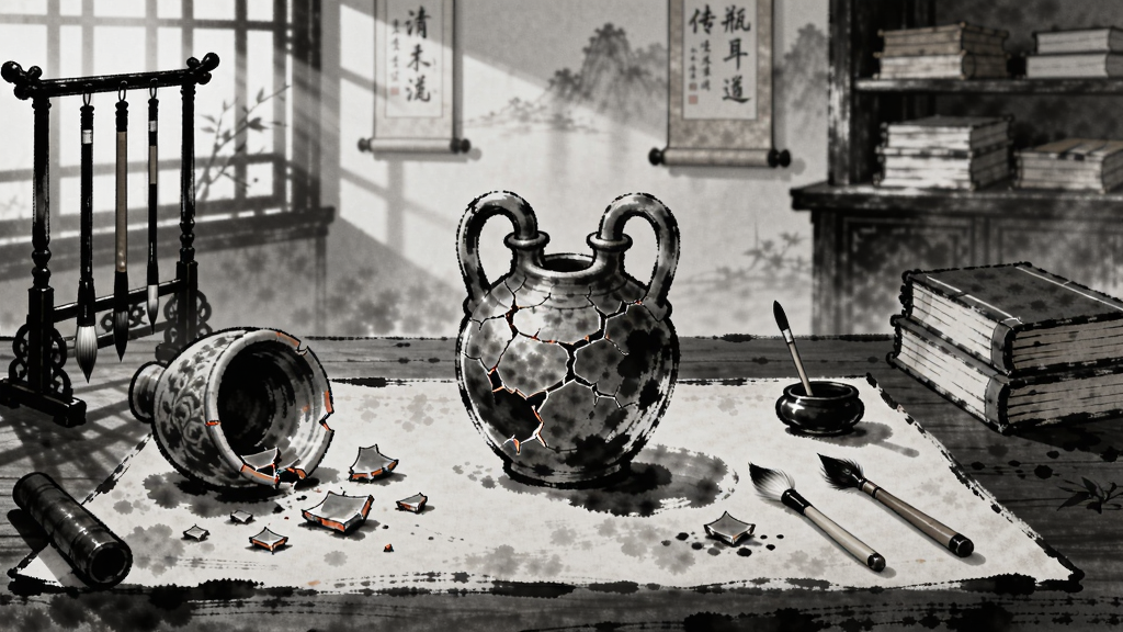 双耳瓶游戏整体界面,水墨风格,桌面上有破碎的陶瓶和修复工具,背景是古代书房