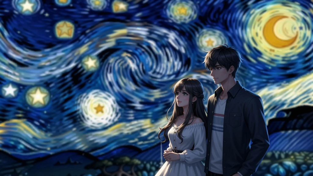 星月夜游戏画面,唯美风格夜空下男女主角站在星辰下