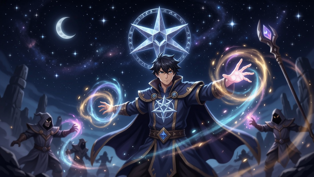 宿命三芒星游戏角色在星辰下施展魔法战斗的场景,充满奇幻色彩