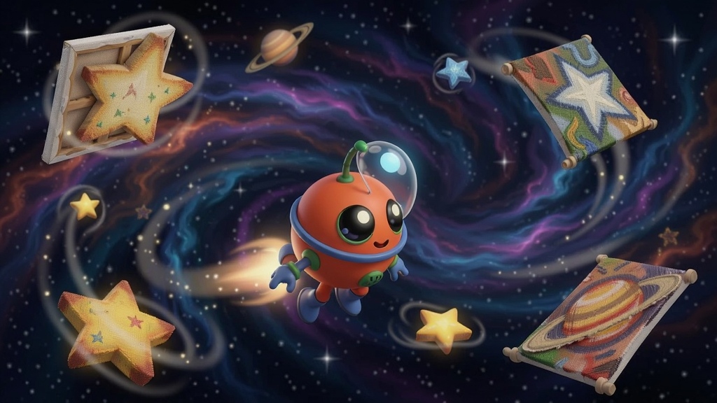 一片流动的星空下,玩家控制的小火星人在星云中飞行,身边是旋转的星星和浮动的画布纹理
