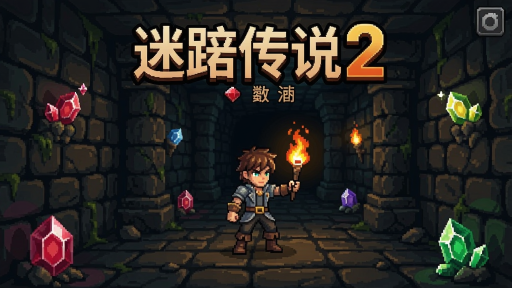迷宫传说2中文版游戏场景,主角在幽暗的地下迷宫中举着火把,周围是古老的石壁和闪闪发光的宝石
