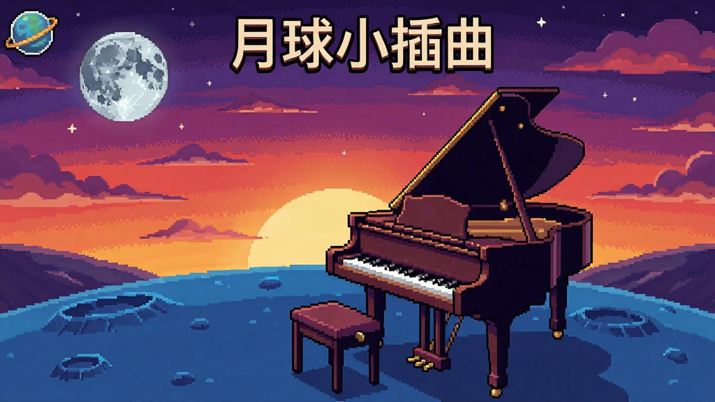 去月球小插曲游戏场景中的钢琴与晚霞背景