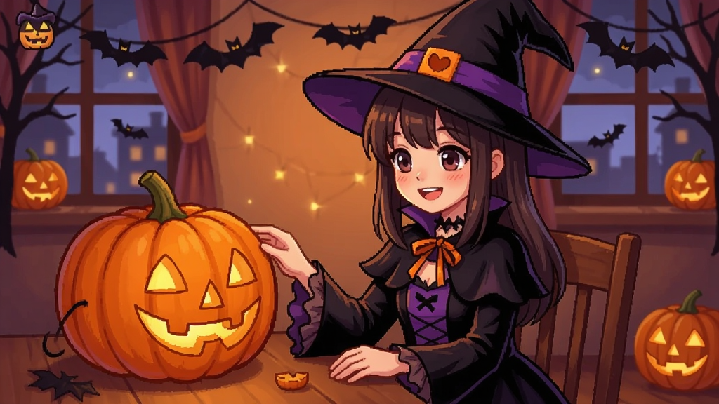 少女游戏万圣节场景,女孩穿着女巫服装在装饰南瓜灯的温馨画面