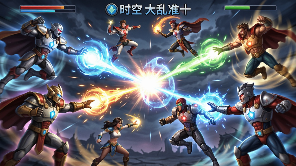 时空大乱斗游戏角色混战场景,多个不同时代英雄同时释放技能,画面绚丽充满动感