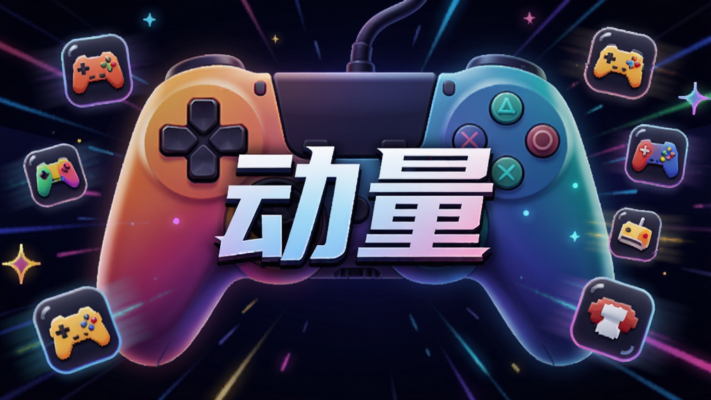 一个充满活力的游戏软件界面,背景是彩色游戏手柄和光效,中间显示“动量”字样,周围有各种游戏图标漂浮,风格现代科技感