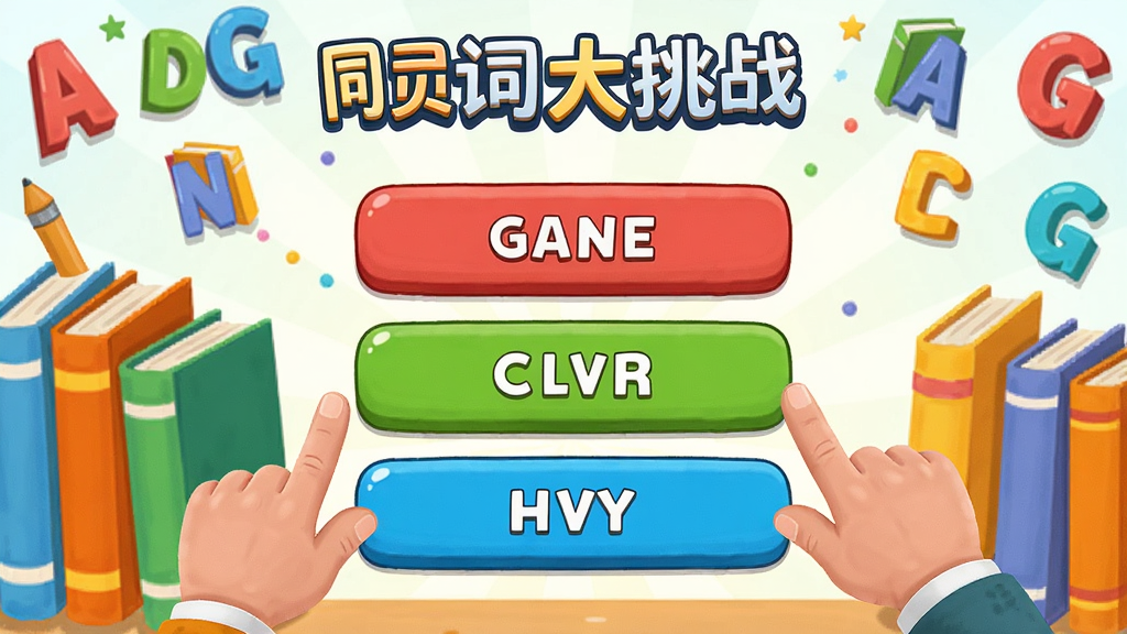 同义词大挑战游戏界面,玩家正在选择同义词,背景为彩色书本和字母装饰