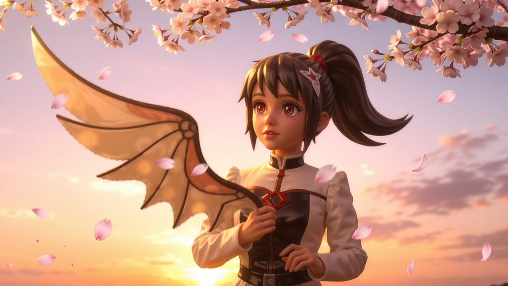 明蒂手持弧翼站在樱花树下,背后是夕阳余晖,花瓣纷纷扬扬,画面唯美充满幻想色彩