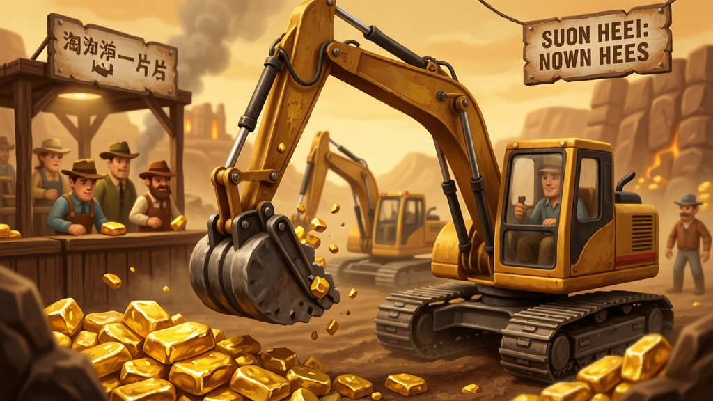 淘金热游戏中玩家正在操控挖掘机挖取黄金的场景