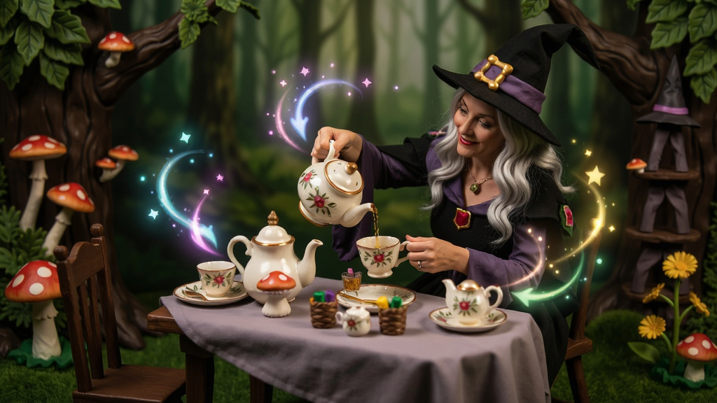 女巫的茶会游戏场景,女巫在森林茶桌上倒茶,周围有魔法光芒