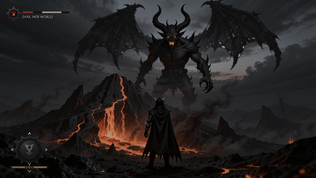 暗黑风格的恶魔世界游戏画面,主角披着黑色斗篷站在融岩山口前,背后浮现巨大恶魔的虚影,气氛压抑而神秘