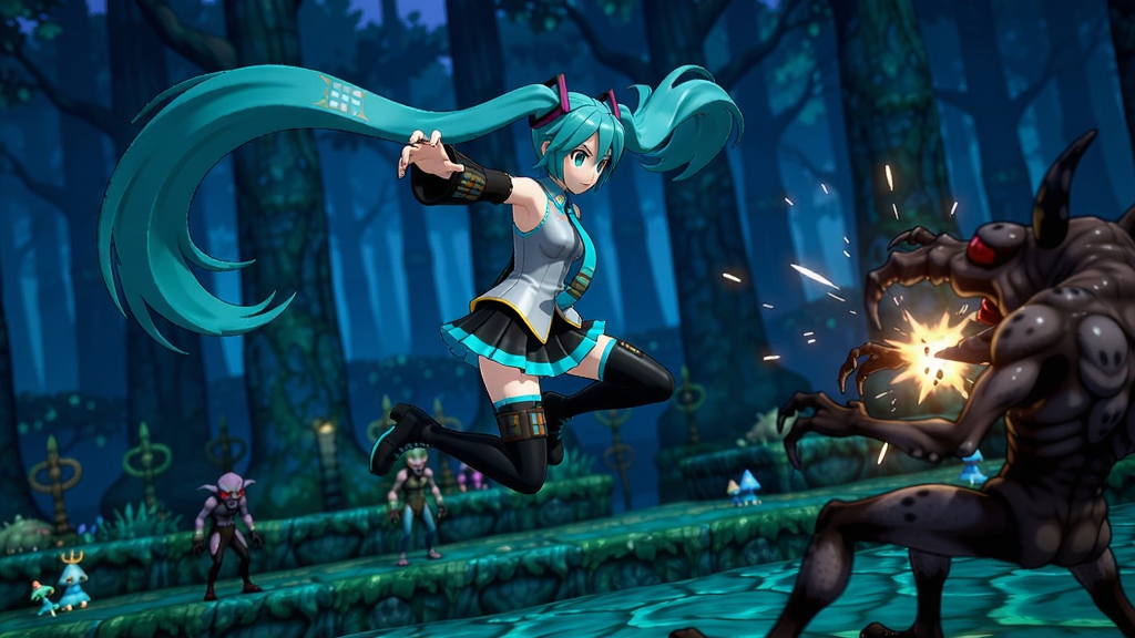 初音妹子在精美场景中高跳攻击怪物,背景是幽蓝色的森林
