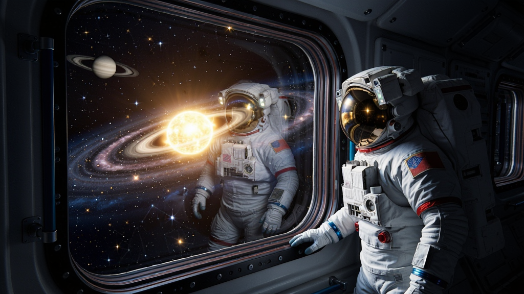 宇航员站在飞船舷窗旁,远眺太阳系边缘的璀璨星空,画面充满科幻感