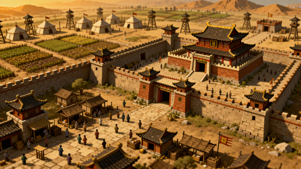 商王传奇游戏画面,古代商朝城池全景,街道上行人络绎不绝,王宫宏伟壮观,远处有农田和军营,整体色调古朴温暖