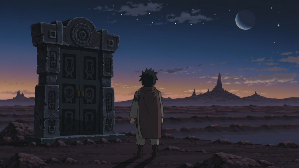 主角站在黄昏的星球表面,远处是毛瓦清景和微弱的星辰,身旁有一个古老的石刻门