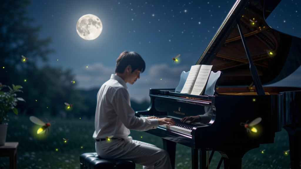 一个宁静的夜晚,一位钢琴家在月光下弹奏钢琴,周围是闪烁的萤火虫和星空,画面唯美柔和