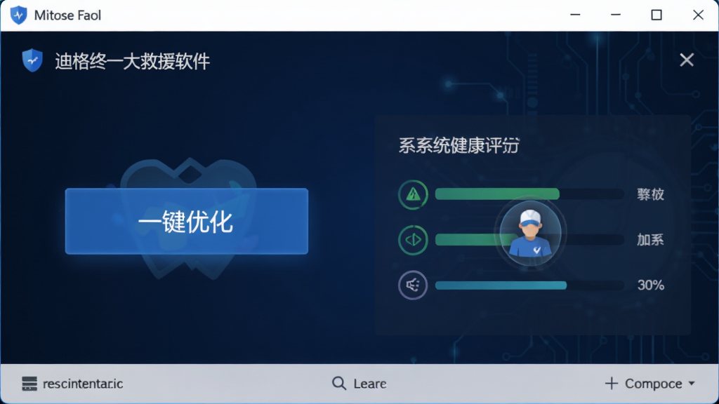 迪格终极大救援软件主界面,显示一键优化按钮和系统健康评分,简洁的深蓝色调,充满科技感